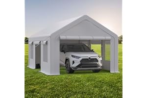PEAKPURSUIT Heavy Duty 12x20 ft Carport Canopy Waterproof Outdoor Storage Garage with 4 Roll-Up Doors & 4 Windows, All-Season Portable Shelter for Car Truck Boat RV, Removable Sidewalls, Grey