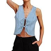 POLIRO Womens Denim Vest Crop Sleeveless V Neck Denim Top Retro Tie Up Front Jean Vest