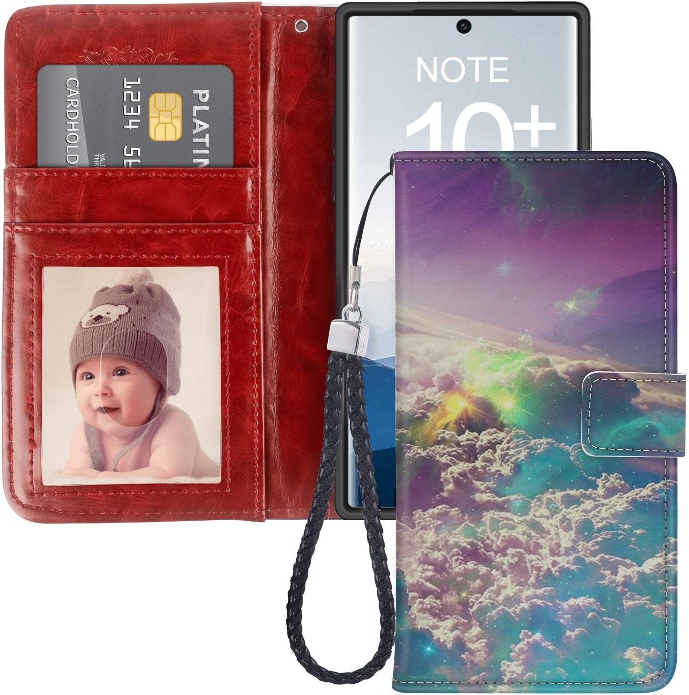 Designed Cloud Layer Samsung Galaxy Note 10 Wallet Case Shockproof Flip Folio Synthetic Leather Magnetic Case for Samsung Galaxy Note 10 with ID Credit Card Pockets Hand Strap