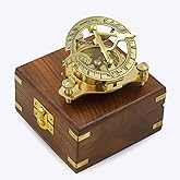 Polished Brass Sundial Compass with Wooden Box – Vintage Nautical Instrument for Navigation, Decor & Gifting – West London Replica Maritime Compass