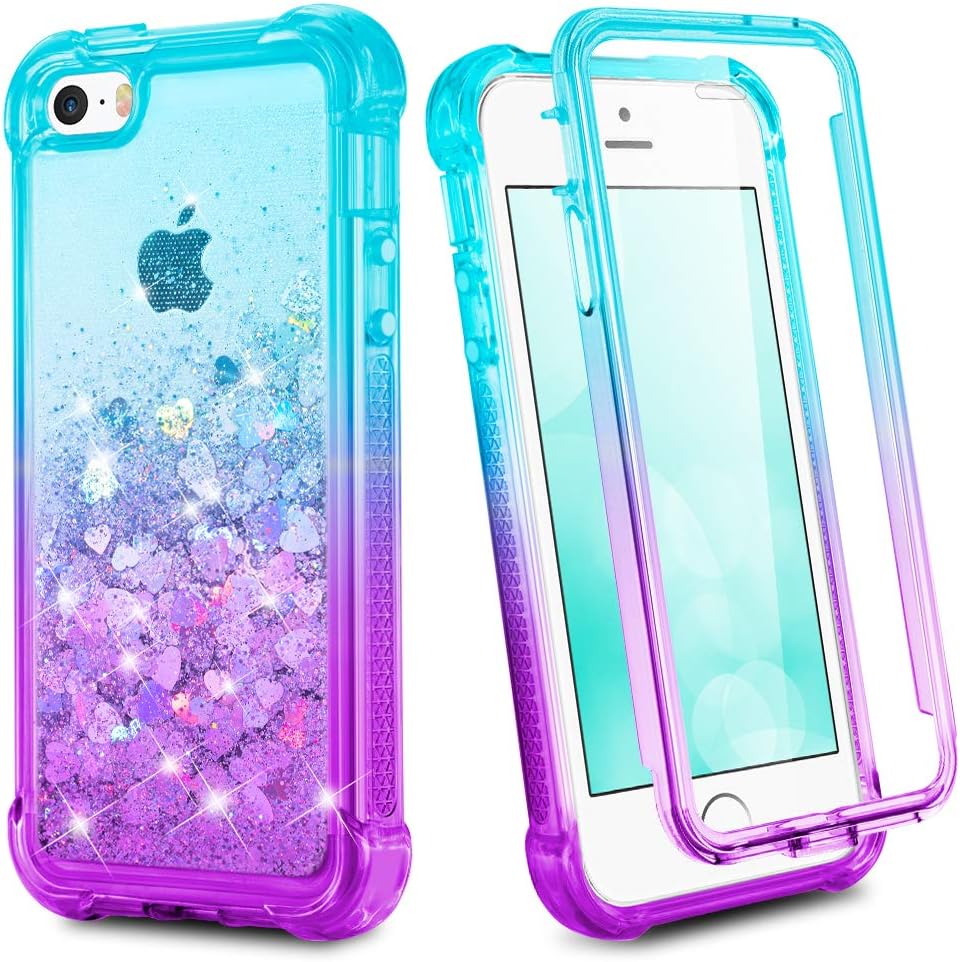Ruky iPhone SE Case (2016), iPhone 5 5S Glitter Full Body Case with Built in Screen Protector Shockproof Protective Bling Liquid Girls Case Compatible for iPhone 5 5S SE (Teal Purple)