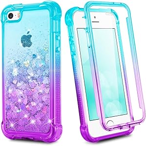 Ruky iPhone SE Case (2016), iPhone 5 5S Glitter Full Body Case with Built in Screen Protector Shockproof Protective Bling Liquid Girls Case Compatible for iPhone 5 5S SE (Teal Purple)