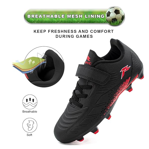 RUNIC KIDS SOCCER CLEATS FOR BOYS AND GIRLS – SMALL AND BIG KID ATHLETIC OUTDOOR FOOTBALL SHOES – FIRM GROUND – HOOK AND LOOP CLOSURE – BLACK/RED – 1