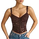 LEACOOLKEY Lace Corset Top for Women Sexy Sheer Floral Bustier Going Out Lace-up Bralette Club Party Concert Crop Top