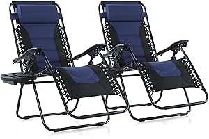 MAISON ARTS Padded Zero Gravity Lawn Chairs Set of 2 Foldable Patio Recliners Anti Gravity Lounge Chairs w/Pillow & Cup Holder Outdoor Camp Chairs for Poolside Backyard Beach, Blue