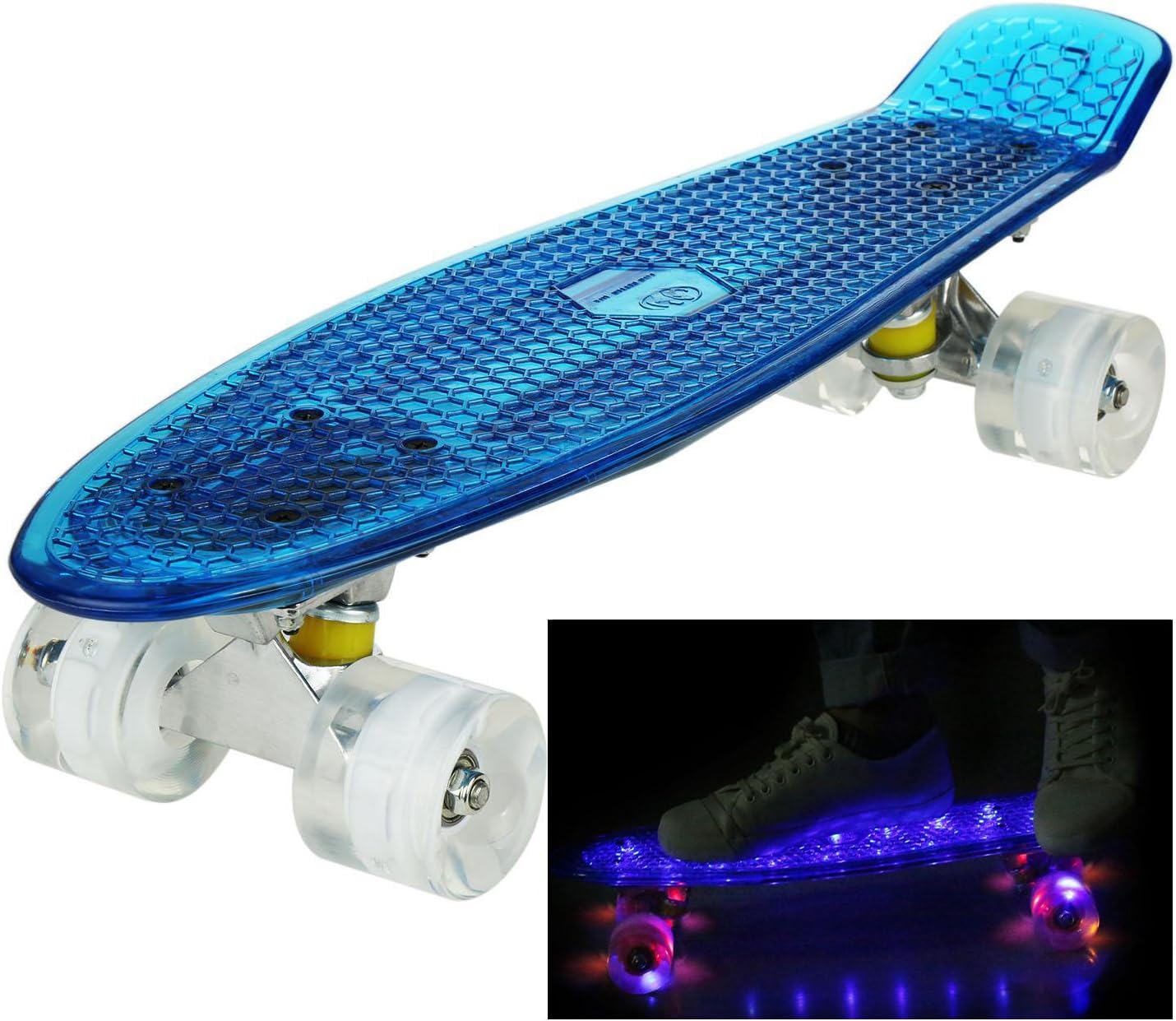 GEESENSS 22" Mini LED Plastics Skateboard Light Up PU Wheels Complete Board for Boys Girls Kids（UK Stock
