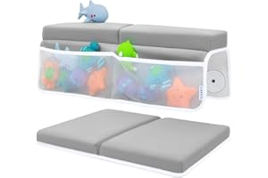 TOODLY Comfortable Baby Bath Kneeler and Elbow Rest Pad Set – Thick Memory Foam Bath Kneeling Pad with Elbow Support – Baby Bathtub Cushion with Toy Organizer for Bathing Infant or Toddler - Grey