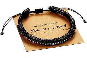 Vrsilver Morse Code Bracelets for Men, Gunmetal Beads on Black Leather Bracelets for Mens Gifts Inspirational Gifts for Him Best Friend Boyfriend Husband Dad Grandpa Friends Brother Mens Jewelry