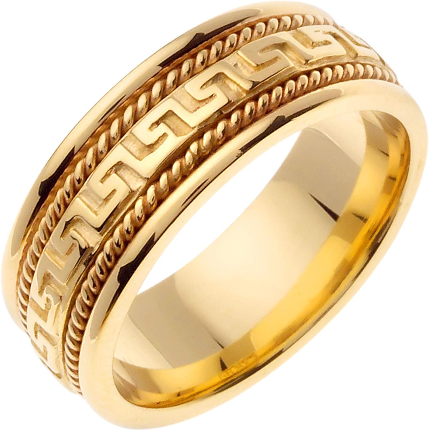 14K Yellow Gold Designer Greek Key Men's Comfort Fit Wedding Band (8mm