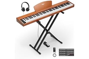 Eastar EP-80 Piano Keyboard 88 Keys, Full Size Electric Keyboard Piano with Velocity-Sensitive Key, Portable Beginner Digital Piano Bundle Piano Stand, Sustain Pedal, Music Stand and Headphones, Brown