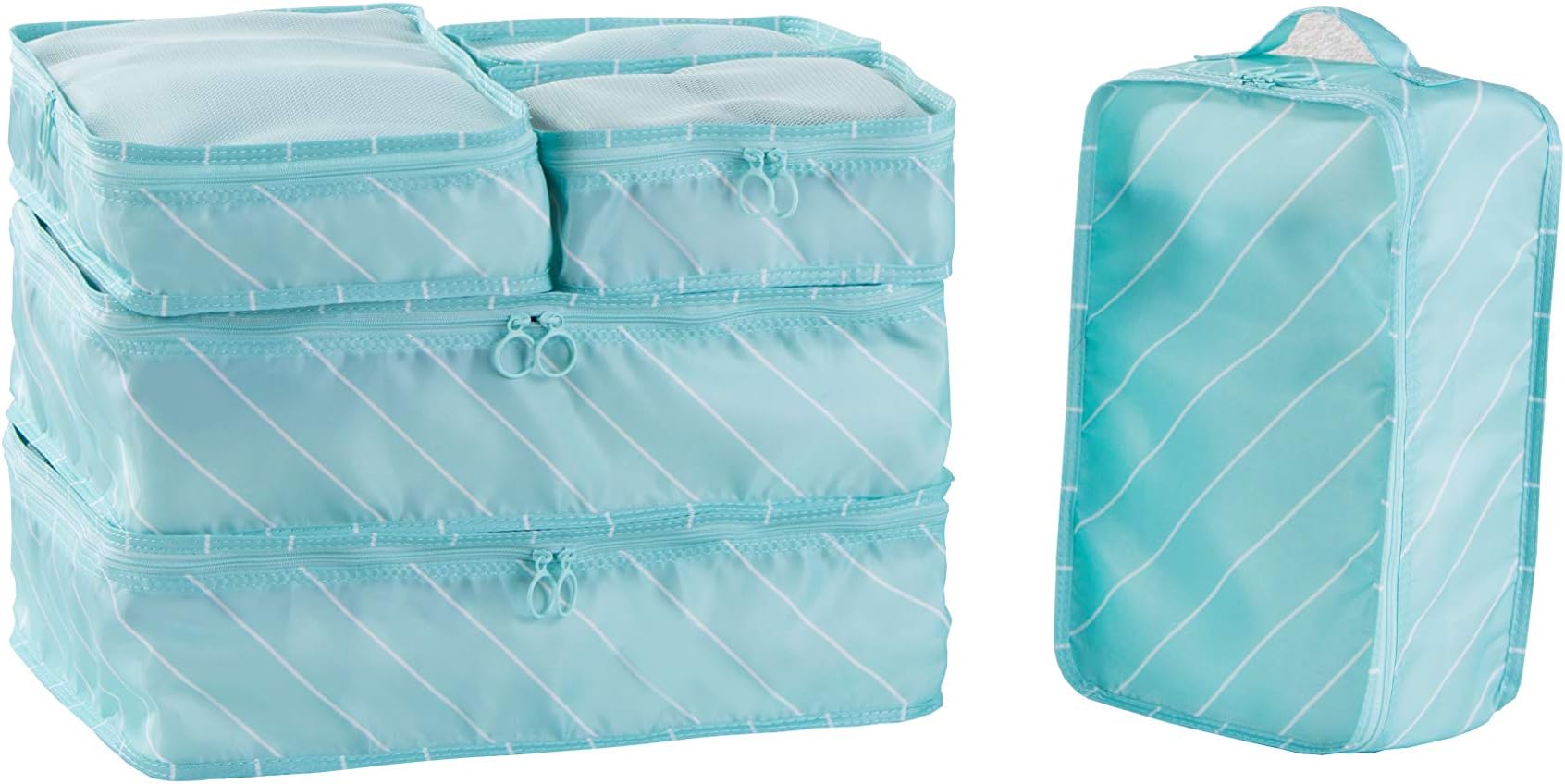 Packing Cubes 6 Set-TZbonjourney-Travel Luggage Packing Organizers with Shoe Bag (Green Stripe)