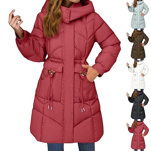 Winter Jackets For Women Uk Padded Thick Long Puffer Coats For Women Hooded Plus Size Long Sleeve Lightweight Down Jacket With Pockets Solid Color Slim Fit Parka Coat Waterproof Hiking Outerwear