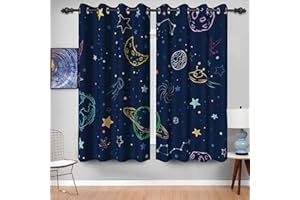 Baocicco Navy Blue Space Curtains for Boys Room Cartoon Stars Planets Theme Galaxy Curtains for Kids Bedroom Drapes with Grommet Nursery Decor Curtain 2 Panels 42x84 Inch