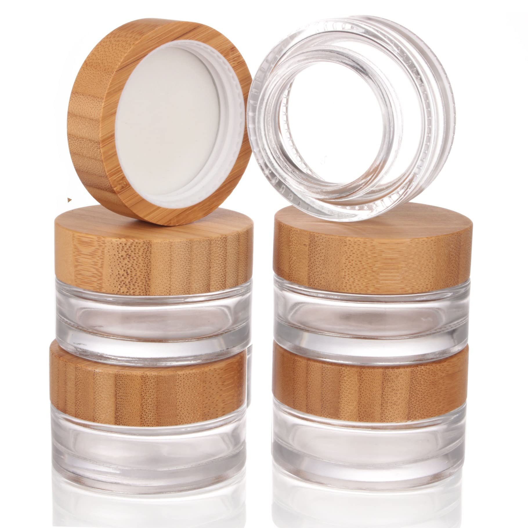 COSIDEA 5pcs Empty 1 OZ/30g Round Clear Glass Jars with Bamboo lids, Bamboo Cream Jar Refillable Cosmetic Travel Containers for Lip Balm, Ointments, Lotion Packing