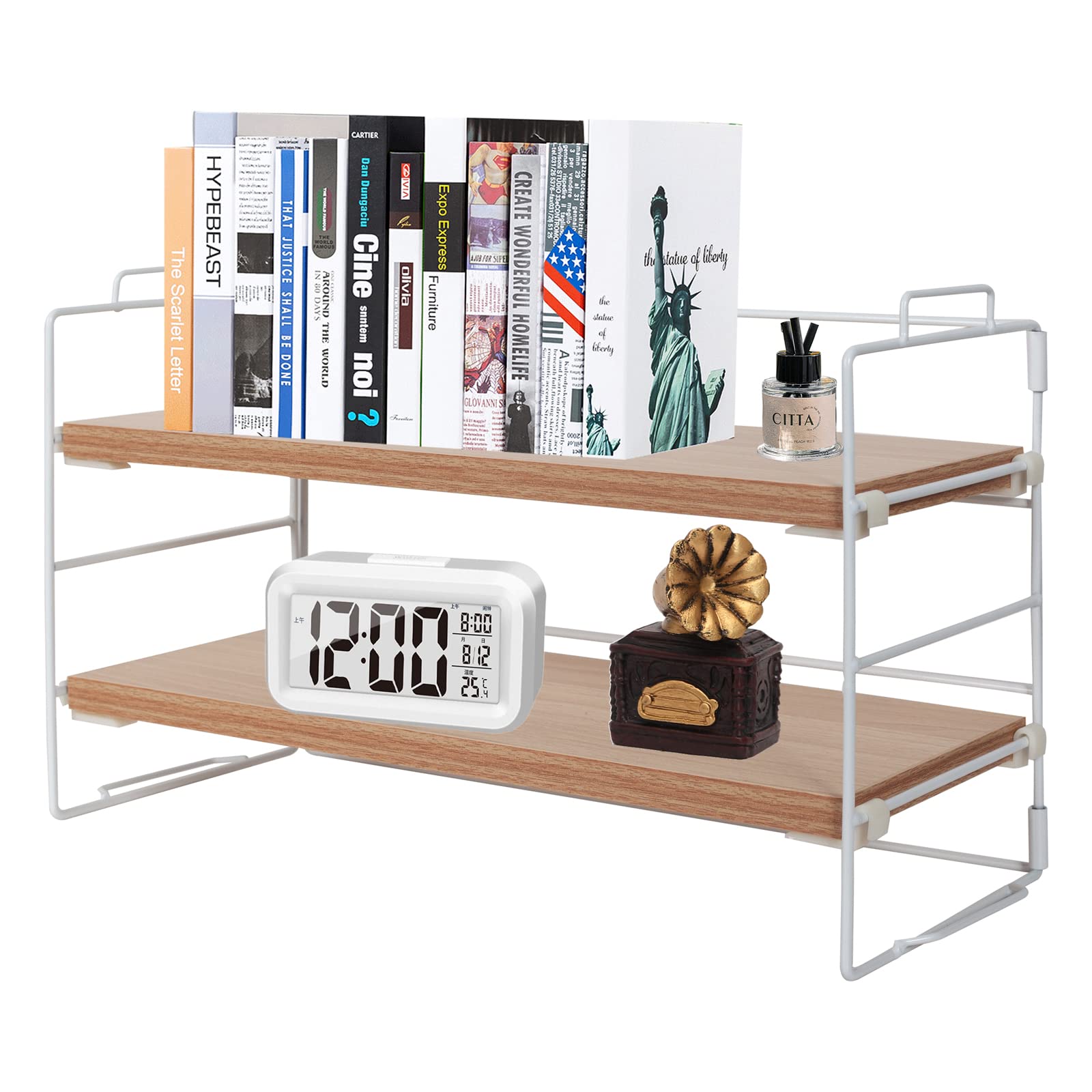 powerking Desk Shelf Organiser, 2 Tier White Painted Metal Frame and Original Teak Board Desktop Shelves, wooden Multipurpose Display Bookcase Storage Rack for Table, Office and Reading Room