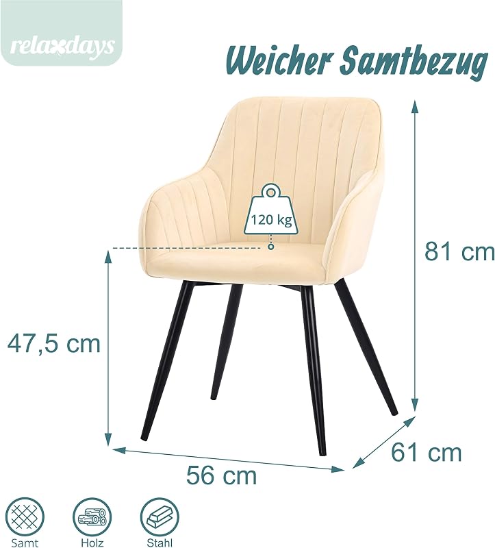 Esszimmerstuhl, 2er Set, Samt, Metallbeine, Armlehne, beige