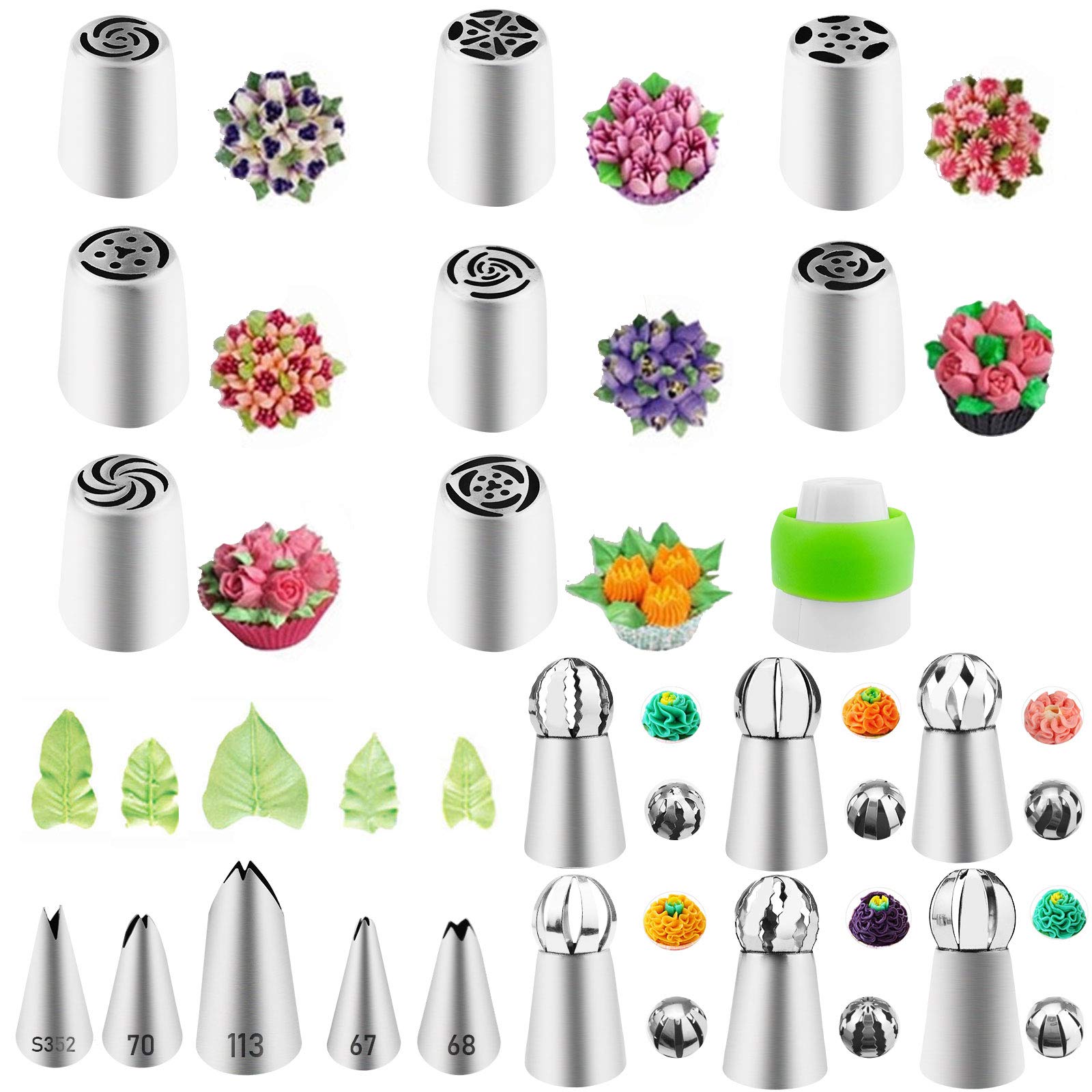 20PCS Russian Piping Tips Kit,Stainless Steel Russian Icing Nozzles Set with Large Flowers Frosting Nozzles,Piping Ball Tips,Leaves Piping Nozzles for Cakes Cookies,DIY Baking Decoration Supplies Kit