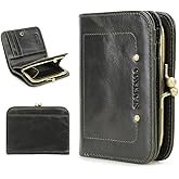 CONTACTS Full Grain Leather Kiss Lock Wallet for Women Slim Kiss Clasp Coin Purse Vintage Bifold Card Holder Small RFID Wallet (Dark Green)