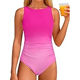 CRISONE Girls Swimsuit High Neck Girls Bathing Suit Cross Back Ruched Gradien One Piece Girl Swimwear 9-16Y