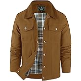Flygo Mens Flannel Lined Shirt Jacket Cotton Corduroy Turndown Collar Snap Button Rugged Cargo Trucker Jacket with Multi-Pockets(Brown-XL)