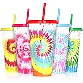 OZMOJOO Color Changing Cups, Plastic Cups with Lids and Straws, Reusable Plastic Tumblers - BPA-Free, Sturdy & Food Safe, Perfect for Iced Coffee, Milkshakes & Smoothies, 5 Pack - Tie Dye Style