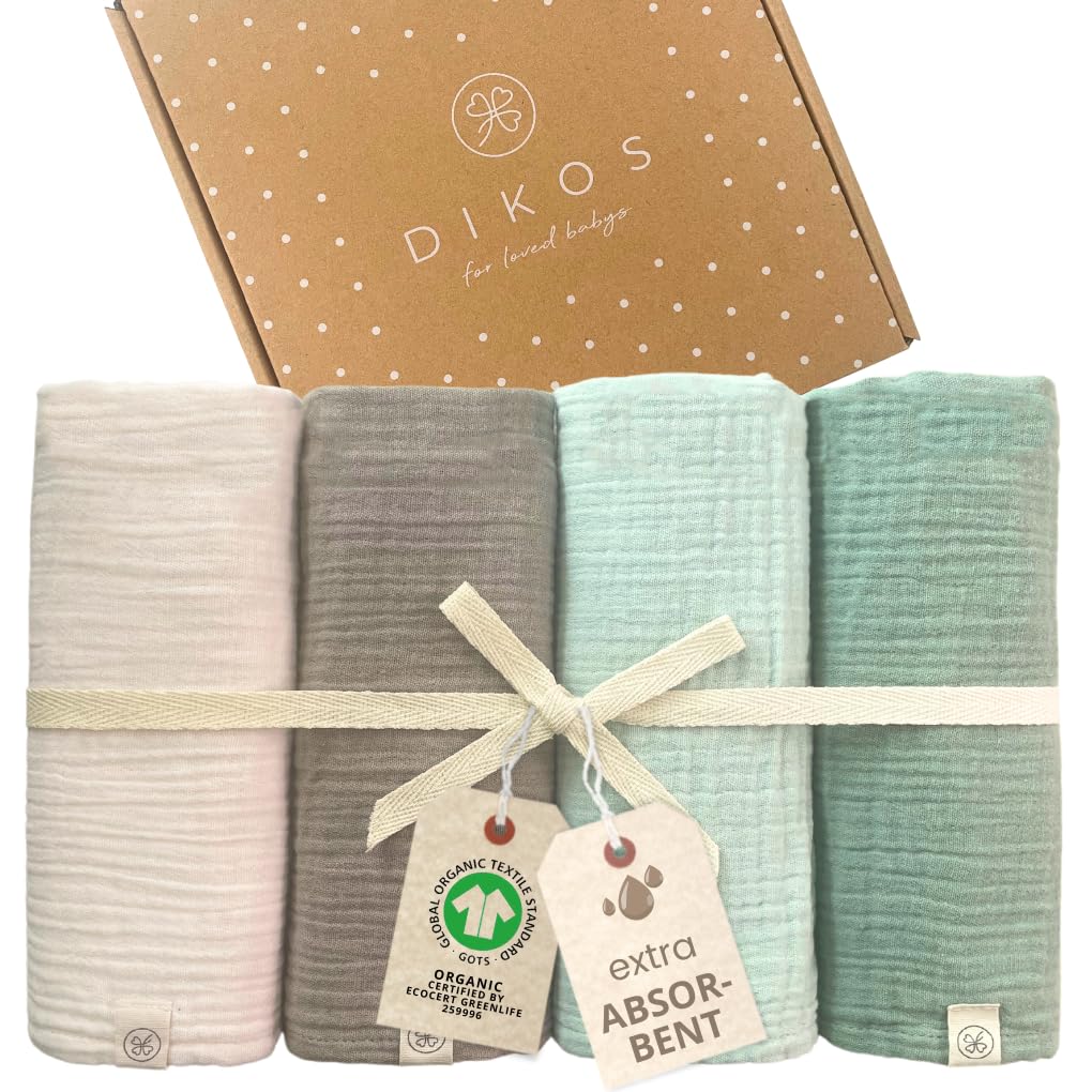 Dikos Premium Baby Muslin Cloths Set of 4 Mint, Cream,64x64 cm Creped,100% GOTS Organic Cotton Burp Cloths,Muslin Burp Cloth Muslin Cloth Boy Girl,Molleton Cloth Muslin Nappies,Gift for Birth