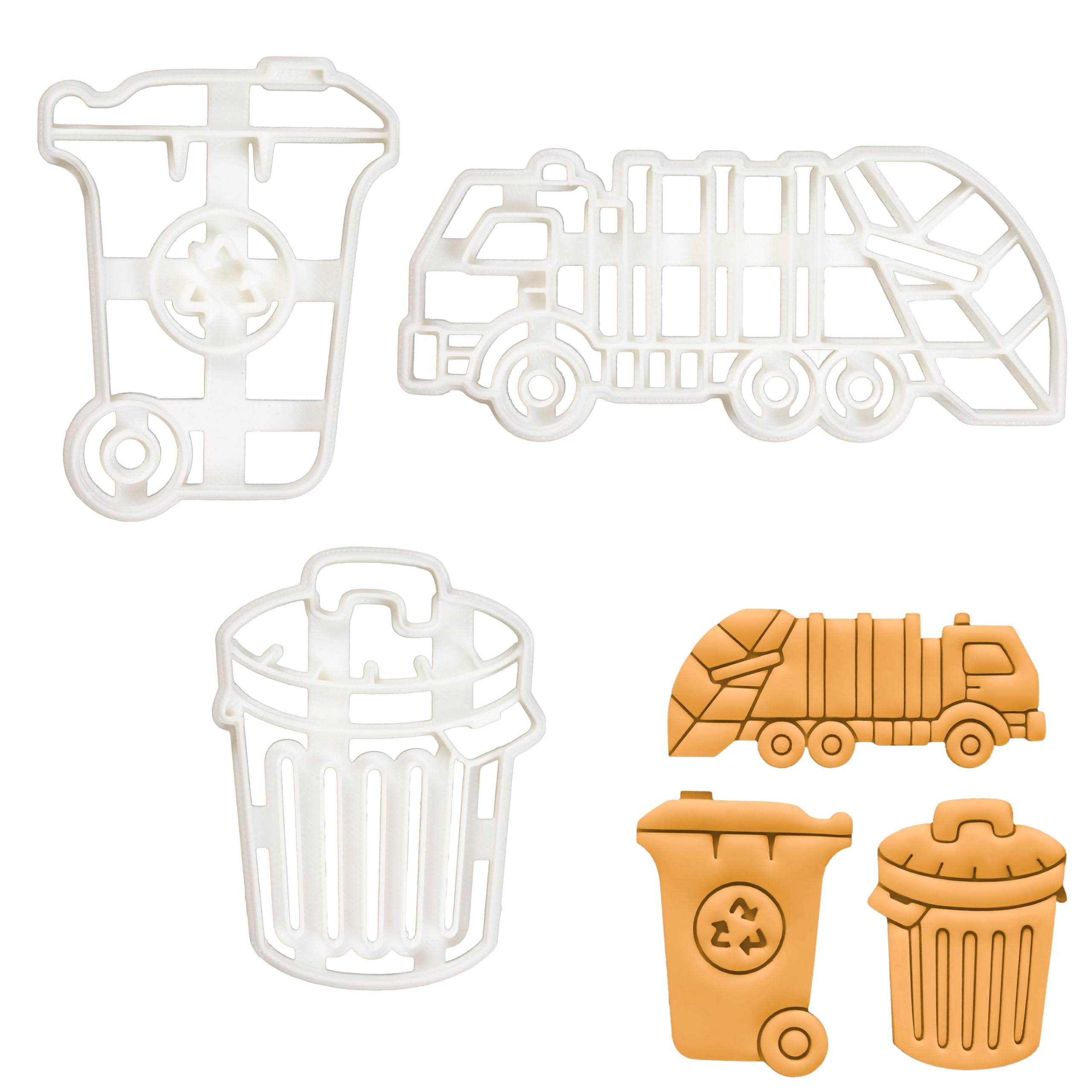 BAKERLOGY Set of 3 Rubbish Themed Cookie Cutters (Designs: Bin, Truck, and Wheelie) - Detailed Biscuit Cutter Design for Baking and Crafts, Ideal on Fondant, Dough, Clay