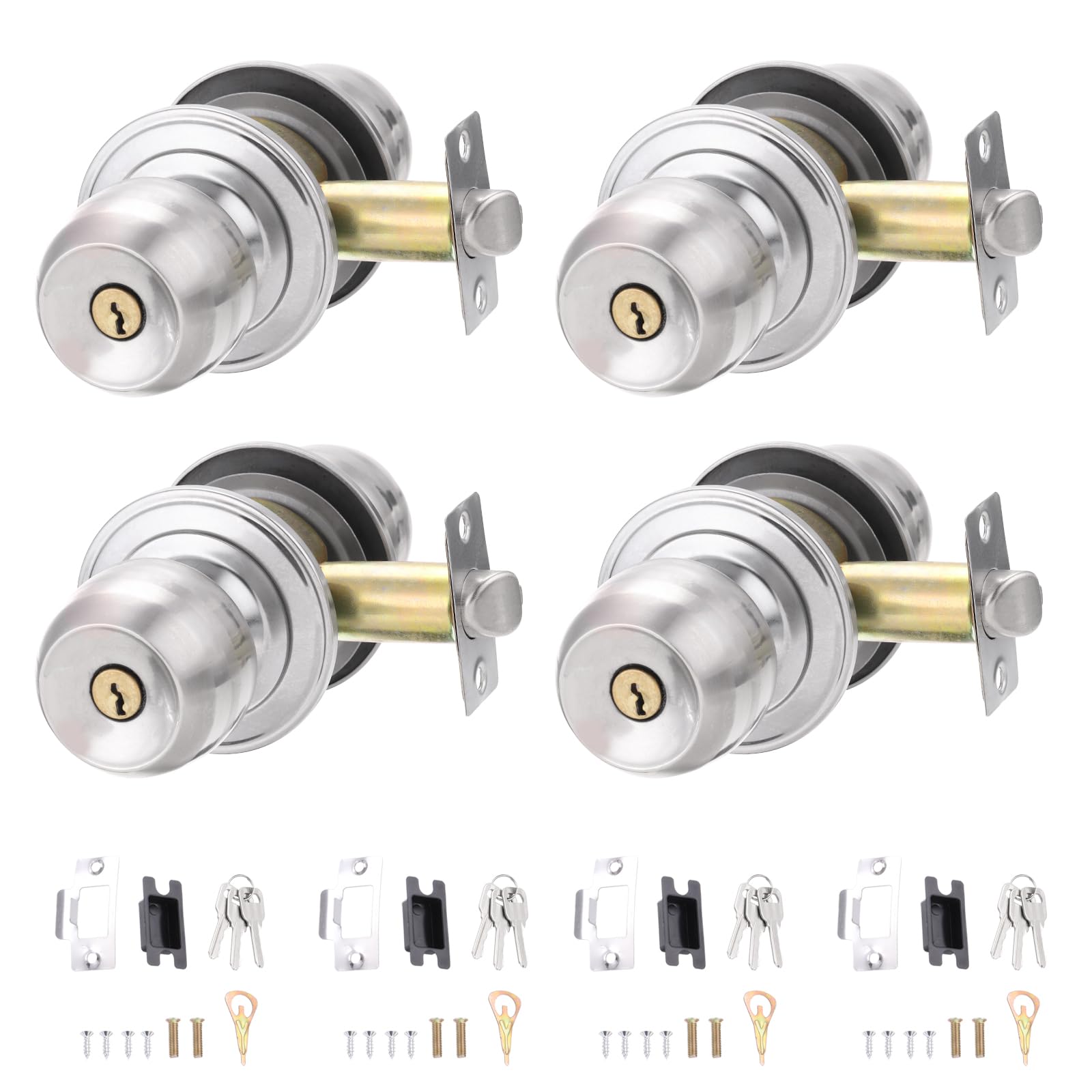 PATIKIL Key Entry Door Knobs Interior 70mm/2.8inch, 4 Pack Round Stainless Steel Bedroom Bathroom Door Knob with Zinc Lock Entry Indoor Outdoor Door, Silver