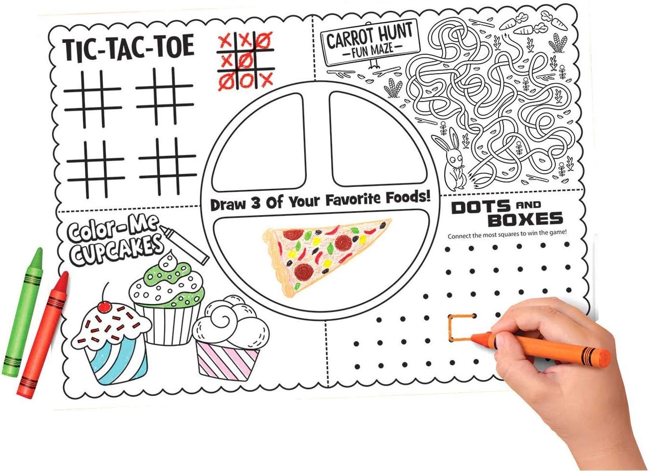 Amazon Com Ideas In Life Kids Activity Placemats 12 Pieces With 12 Crayons Arts Crafts Disposable Coloring Dinner Table Mats With 5 Unique Activities Toys Games
