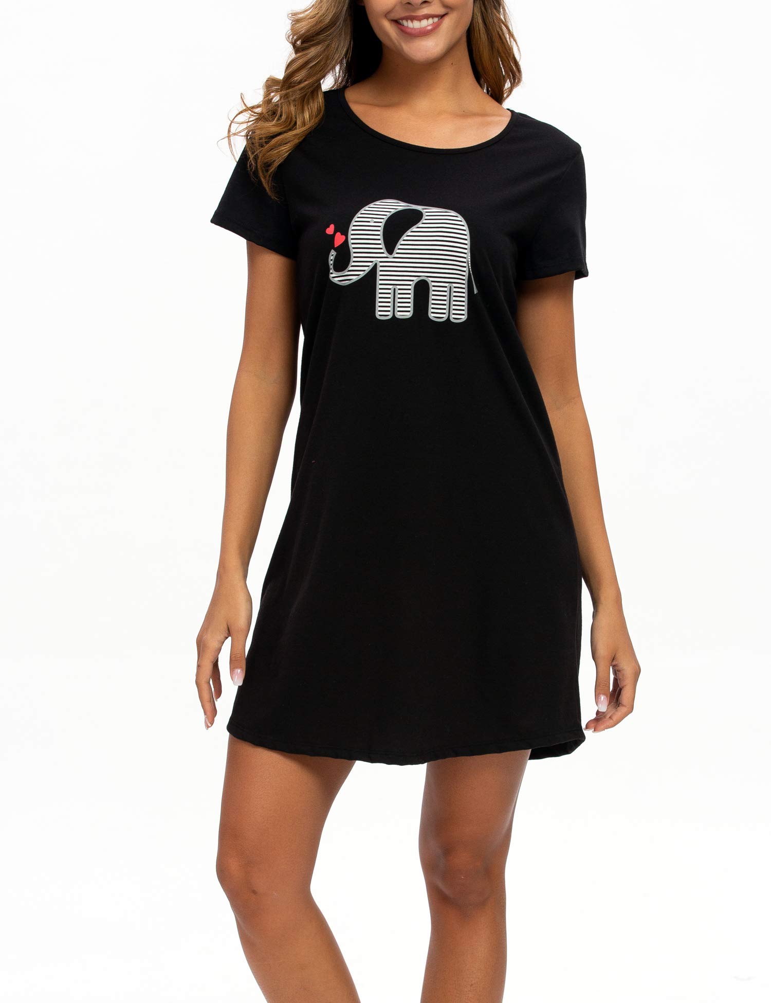 ENJOYNIGHT Womens Cotton Nightgown Short Sleeves Sleepwear Casual Print Sleepshirts (Black, Large/X-Large)
