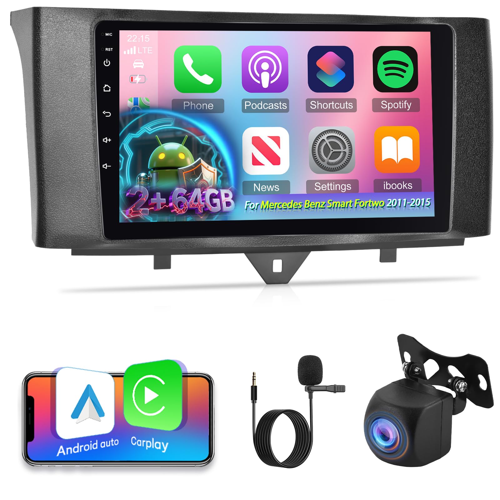 Photo 1 of [2+64G] for Mercedes Benz Smart Fortwo 2011-2015 Android Car Radio with Wireless Carplay and Android Auto - 9 Inch HD Touch Screen Car Stereo - Multiple UI/GPS/WiFi/SWC + AHD Backup Camera
