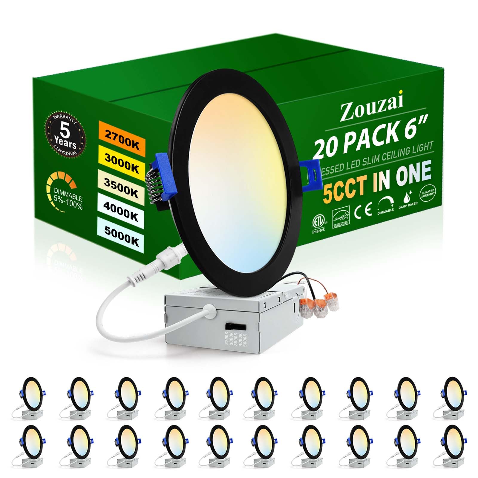 Photo 1 of (UNTESTED) zouzai 20 Pack 6 Inch Black Ultra-Thin LED Recessed Ceiling Light with Junction Box 5CCT Adjustable Dimmable Can-Killer Downlight - ETL and Energy Star Certified