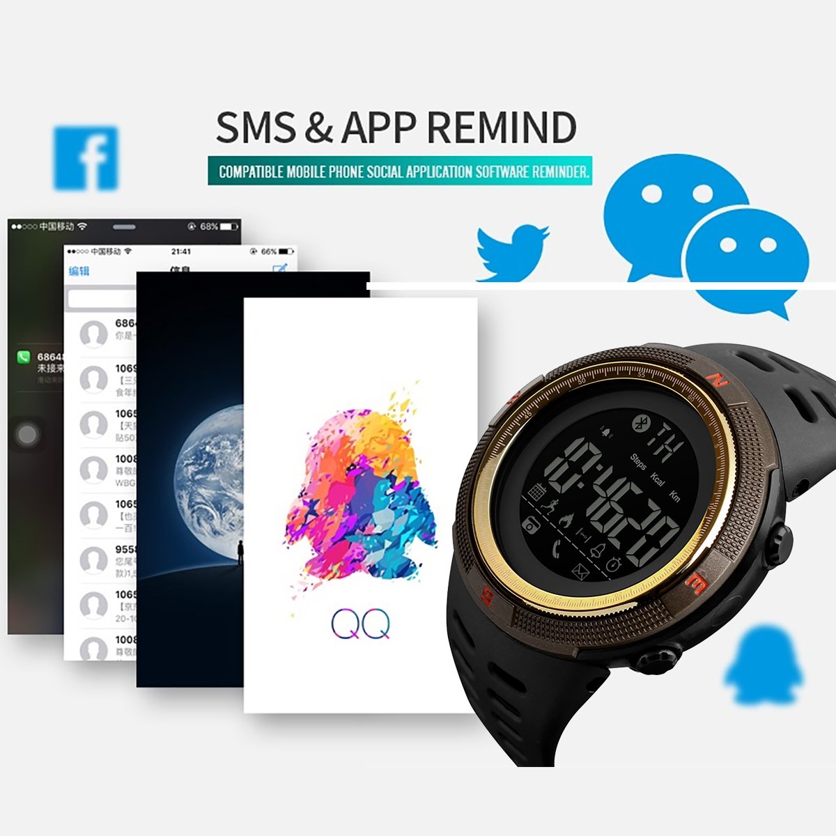 Longqi Watch Skmei - Reloj inteligente digital resistente al agua con función Bluetooth, calendario y actividad deportiva