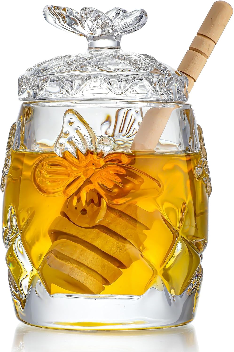 H&D HYALINE & DORA Clear Crystal Honey Jar with Dipper and Lid, Honey Bee Pot, 4.5oz Glass Honey Pot for Home Kitchen