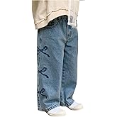 WDIRARA Toddler Girl's Bow Jeans Elastic Waist Straight Leg Denim Pants