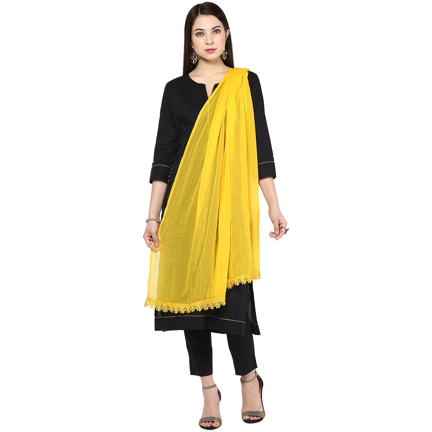 solid yellow chiffon dupatta with lace