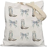 APJYM Coquette Blue Bow Western Tote Bag, Retro Blue Coastal Cowgirl Boots Canvas Tote Bags, Western Cowgirl Stuff Gifts for Women, Preppy Cowboy Reusable Grocery Shopping Bag