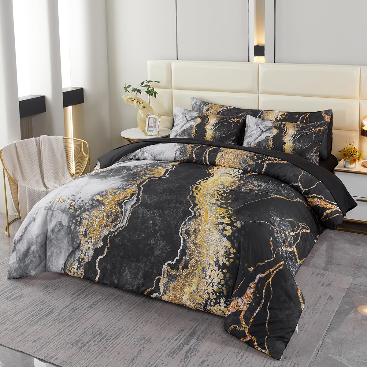 Photo 1 of PERFEMET California King 6 Piece Bed in A Bag Black Watercolor Marble Printed Bedding Comforter with Sheets Colorful Stylish Retro Artwork Design Bedding Quilt Set(Black, Cal King)