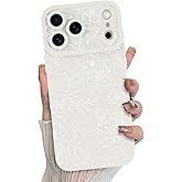 MZELQ for iPhone 17 Pro Case 2025, Silicone Floral Flower Rose Cute Pattern, Camera Protection Soft Slim Phone Cover for Girls Women -White