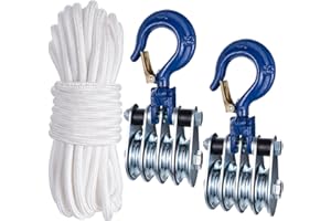SHINICO 1Ton Four Cable Pulley Block, Heavy Duty Pulley System, Lifting Block Hoist with Hook and 65ft/20m Nylon Rope 0.39"/10mm