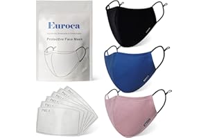 Euroca - Cloth Face Mask, 3 Layers Cotton Face Masks, Washable & Reusable Face Masks, Face Mask Set, Adjustable Face Mask Wit