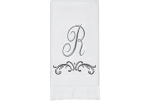 AVANTI LINENS Avanti Monogram Fingertip Towel, R-Scroll, White/Pewter