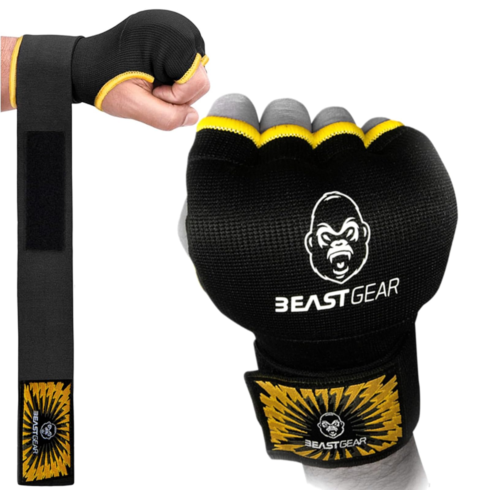 Beast Gear Advanced Inner Boxing Gloves Gel Mitts for Combat Sports, MMA and Martial Arts (Black Yellow/Medium)