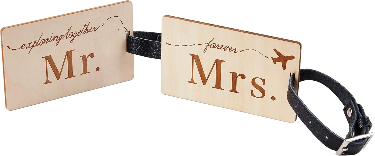  | Travelambo Mr Mrs honeymoon Luggage Tags Wood Travel Cute Couples Gift (2 pcs set) | Luggage Tags