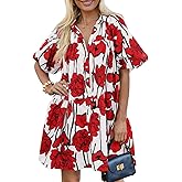 Skoinvb Women's Summer Short Puff Sleeve Floral Dress Button Down Loose Fit Casual Shirt Dresses