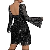 Floerns Women's Plus Size Sequin Backless Bell Sleeve Mesh Party Bodycon Mini Dress