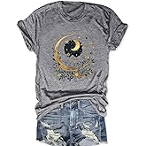 Women Mystical Sun and Moon Shirts Vintage Wildflower T Shirt Hipped Graphic Tees Short Sleeve Vacation Tops