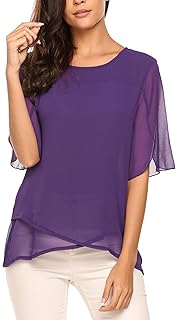 Womens Chiffon Blouses 3/4 Sleeve Tops Scoop Neck Layered Elegant Shirt