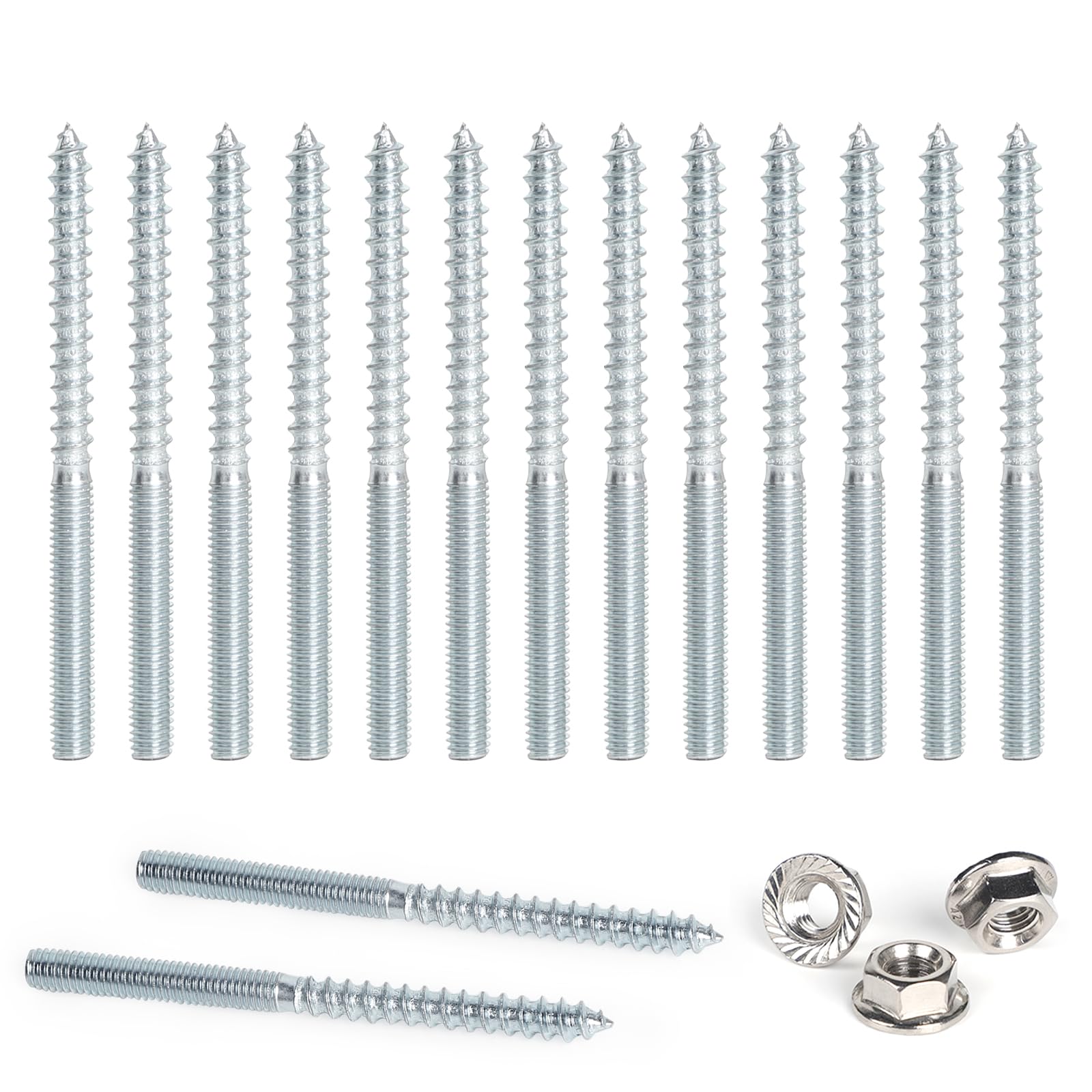 DBREAKS Hanger Bolts Torx, Pack of 15 Double Head Screws, M6 x 80 mm Double Thread Screws, Double Sided Dowel Screws with Locking Tooth Nuts, Screw Pins Thread, Galvanised Double Thread for Furniture