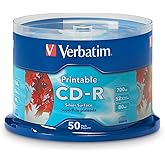 Verbatim CD-R 700MB 52X Silver Inkjet Printable Discs, 50 Pack